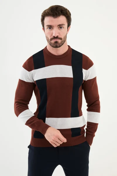 Rust Brown Plaid Wool Sweater for Men