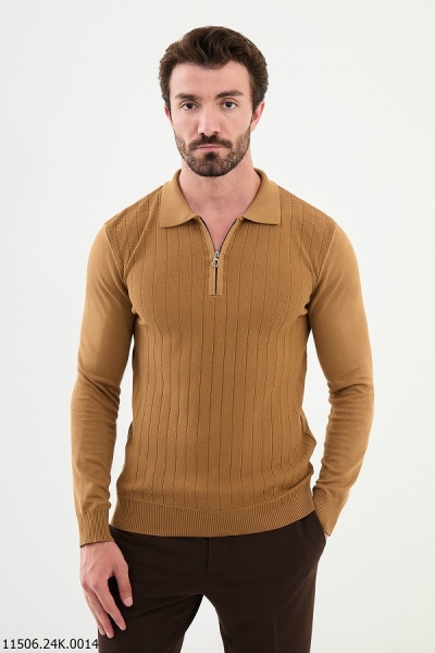 Camel Ribbed Half Zip Wool Polo Sweater