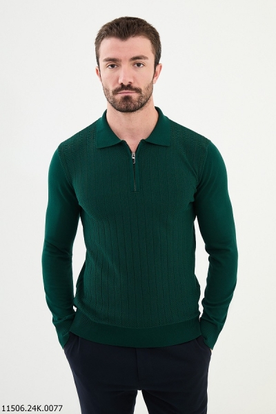 Green Ribbed Quarter Zip Wool Polo Sweater