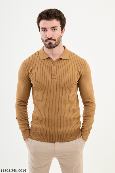 Camel Ribbed Wool Polo Sweater