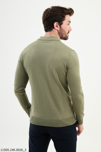 Khaki Ribbed Wool Polo Sweater