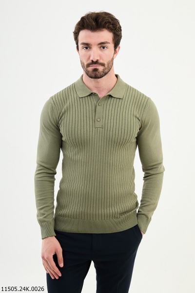 Khaki Ribbed Wool Polo Sweater