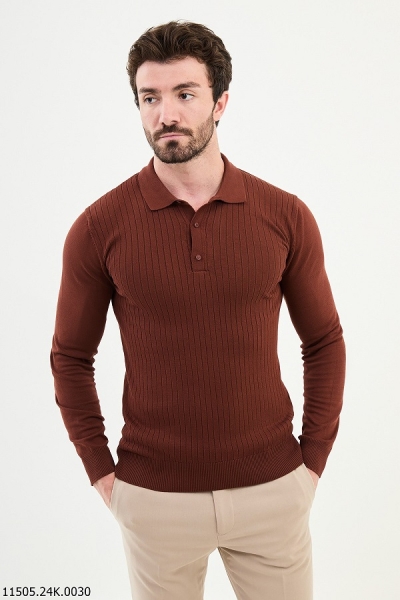 Rust Brown Ribbed Wool Polo Sweater