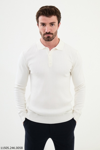 White Ribbed Wool Polo Sweater