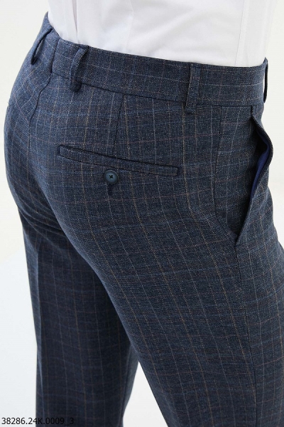 Navy Blue Slim Fit Tattersall Wool Pants