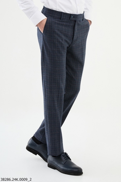 Navy Blue Slim Fit Tattersall Wool Pants