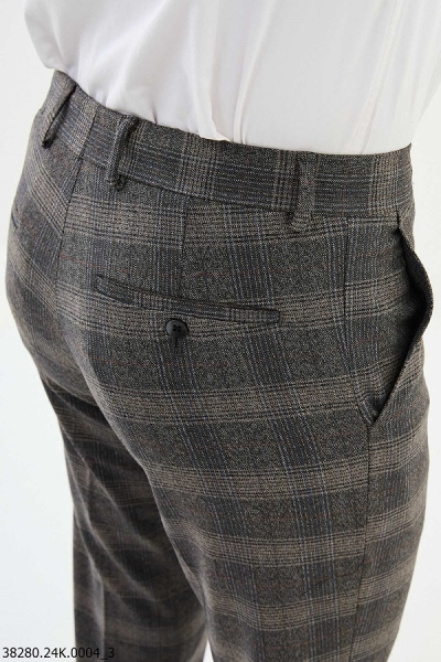 Brown Slim Fit Wool Check Pants