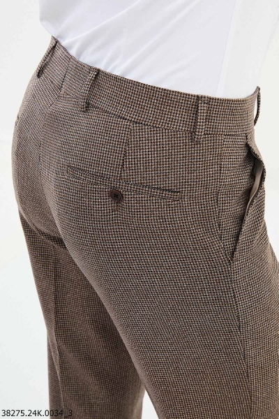 Beige Slim Fit Wool Checkered Pants