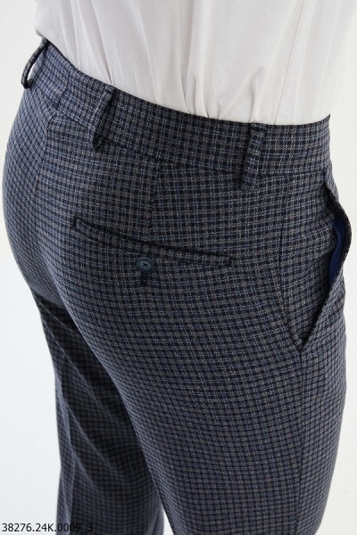 Navy Blue Slim Fit Wool Checkered Pants