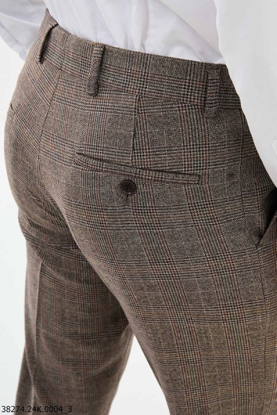 Brown Slim Fit Wool Plaid Pants