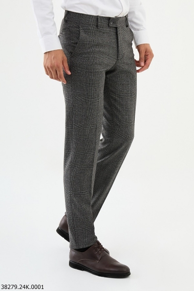 Gray Slim Fit Wool Plaid Pants