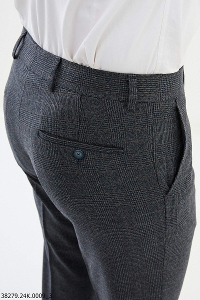 Navy Blue Slim Fit Wool Plaid Pants