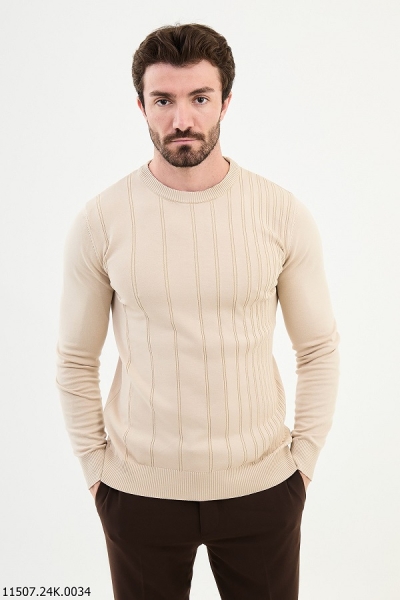 Beige Striped Crewneck Wool Sweater