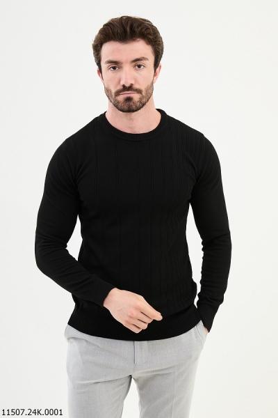 Black Striped Crewneck Wool Sweater