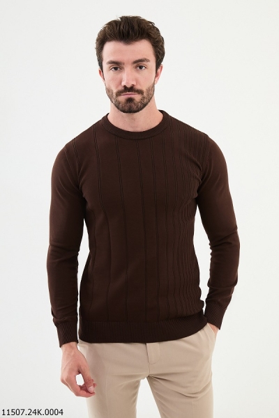 Brown Striped Crewneck Wool Sweater