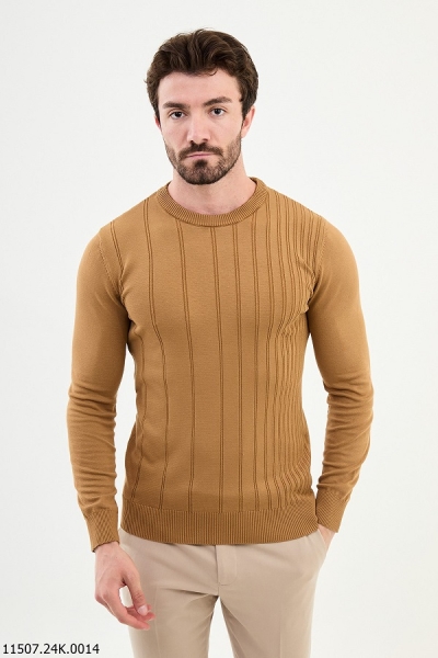 Camel Striped Crewneck Wool Sweater