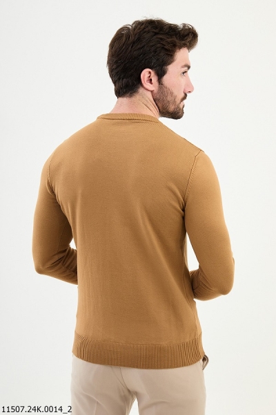 Camel Striped Crewneck Wool Sweater