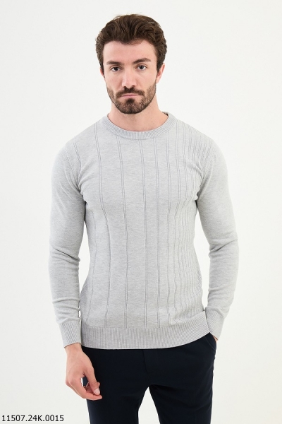 Gray Striped Crewneck Wool Sweater