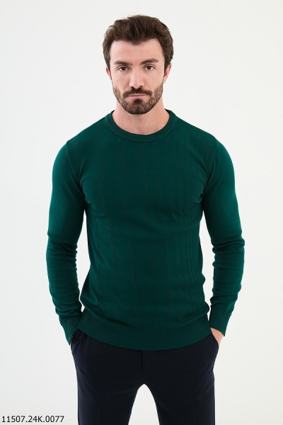 Green Striped Crewneck Wool Sweater