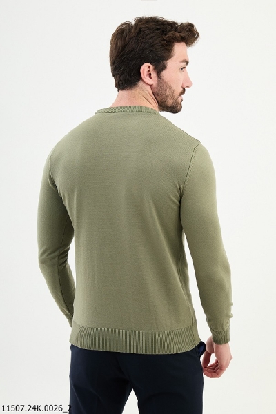 Khaki Striped Crewneck Wool Sweater