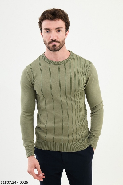 Khaki Striped Crewneck Wool Sweater