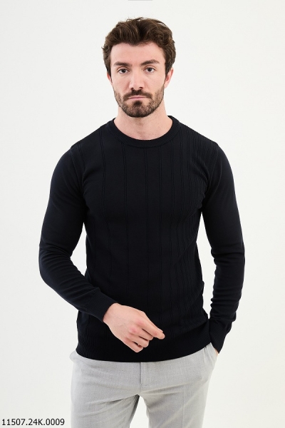 Navy Blue Striped Crewneck Wool Sweater