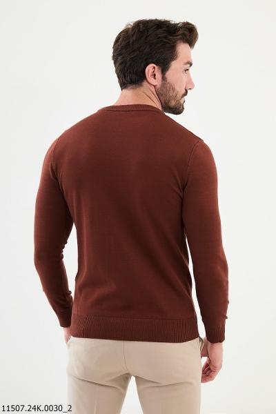 Rust Brown Striped Crewneck Wool Sweater