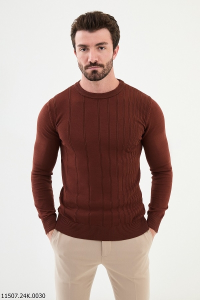 Rust Brown Striped Crewneck Wool Sweater