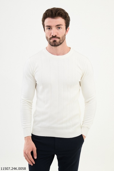 White Striped Crewneck Wool Sweater