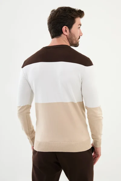Men's Tri Color Crew Neck Wool Sweater - Beige