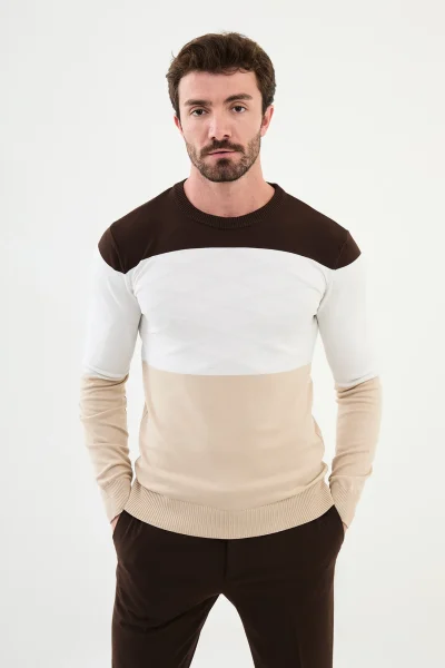 Men's Tri Color Crew Neck Wool Sweater - Beige