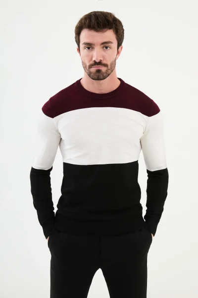 Men's Tri Color Crew Neck Wool Sweater - Black