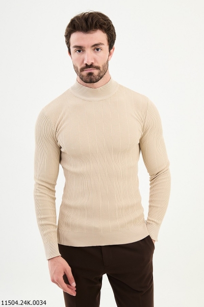 Beige Wide Ribbed Mock Turtleneck Wool Sweater