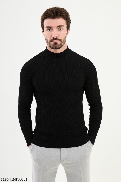 Black Wide Ribbed Mock Turtleneck Wool Sweater