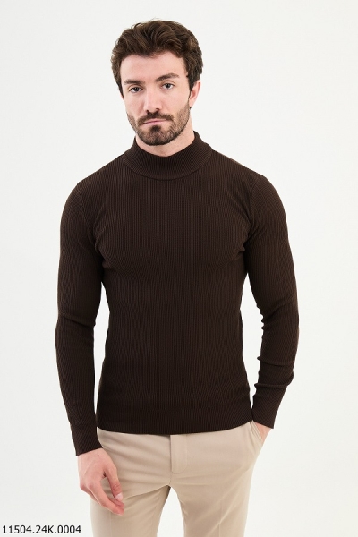 Brown Wide Ribbed Mock Turtleneck Wool Sweater