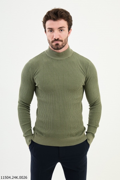 Khaki Wide Ribbed Mock Turtleneck Wool Sweater