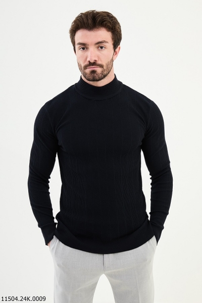 Navy Blue Wide Ribbed Mock Turtleneck Wool Sweater