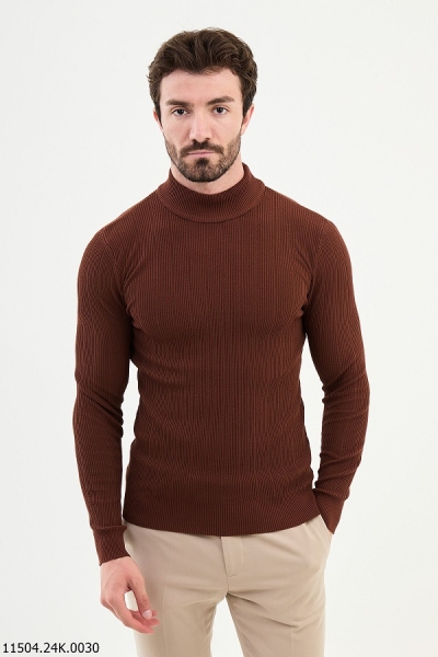 Rust Wide Ribbed Mock Turtleneck Wool Sweater