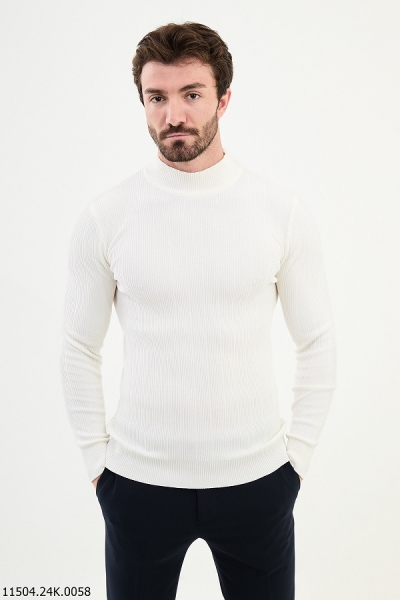 White Wide Ribbed Mock Turtleneck Wool Sweater