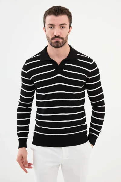 Wool Buttonless Polo Sweater - Black