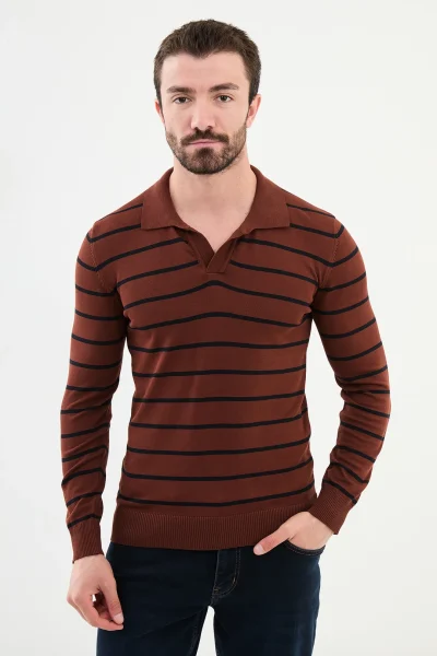 Wool Buttonless Polo Sweater - Rust Brown