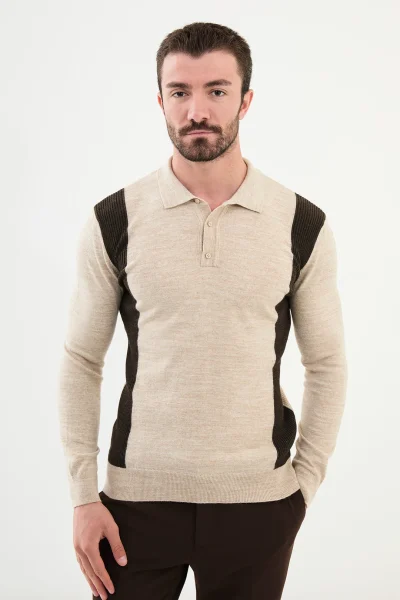 Man in Wool Side Stripe Polo Sweater - Beige