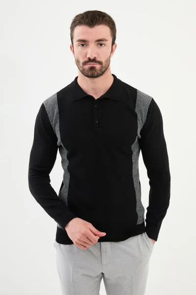 Man in Wool Side Stripe Polo Sweater - Black