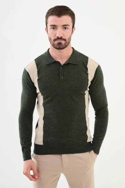 Man in Wool Side Stripe Polo Sweater - Khaki