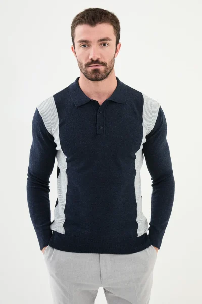 Man in Wool Side Stripe Polo Sweater - Navy Blue