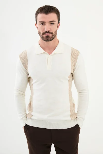 Man in Wool Side Stripe Polo Sweater - White