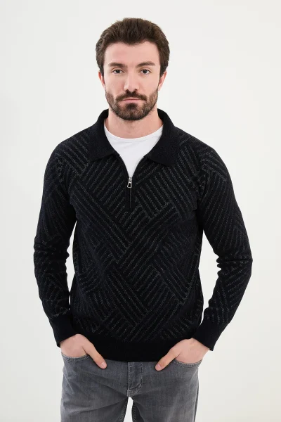 Men in Black Zipper Polo Sweater