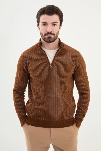 Zip Neck Striped Cotton Sweater – Brown