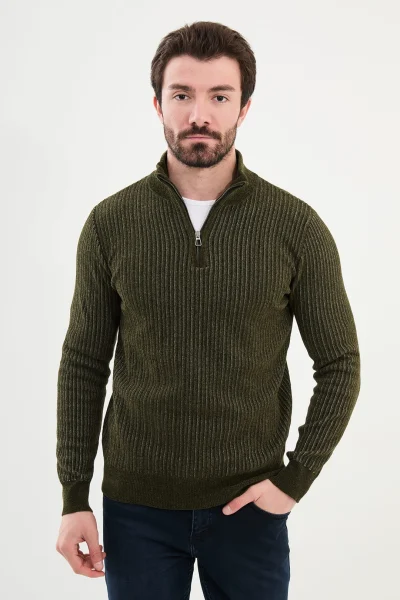 Zip Neck Striped Cotton Sweater – Khaki