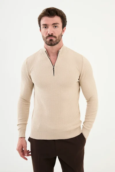 Mens Zip Neck Wool Sweater Beige